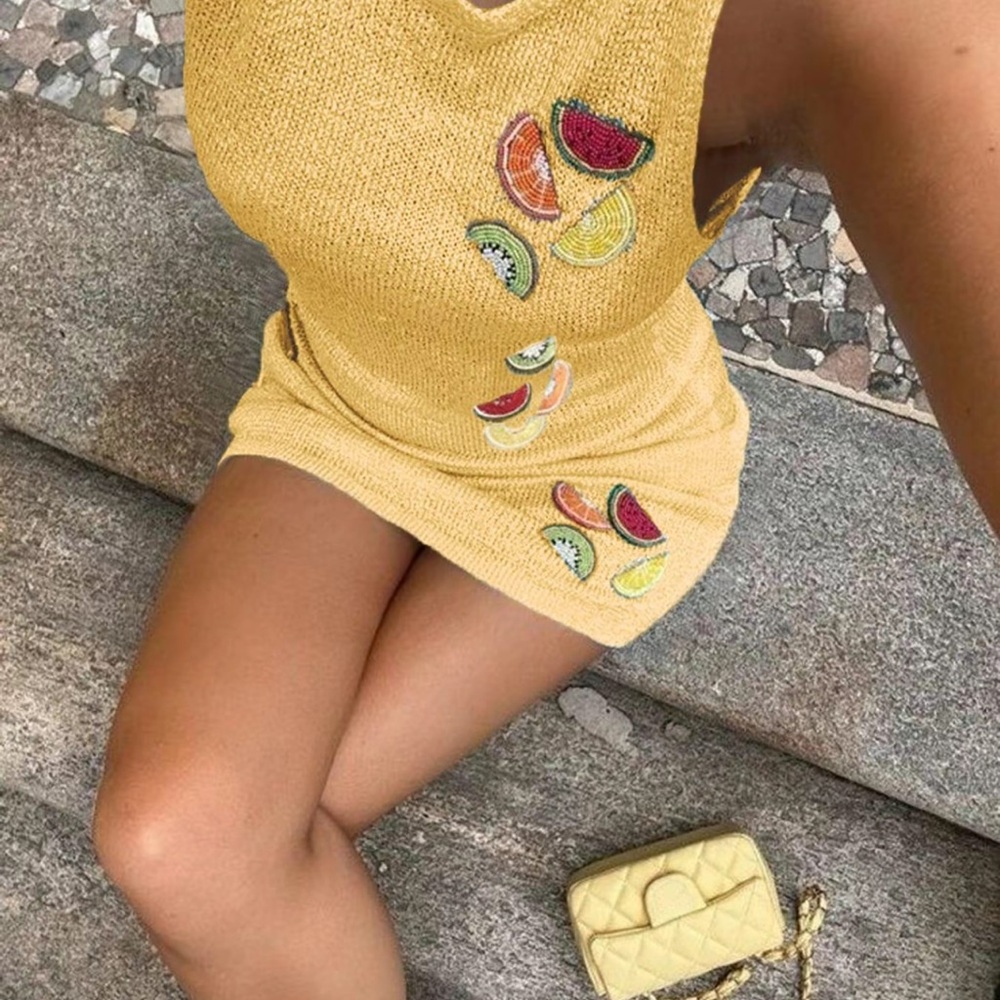 Yellow Knit Dress with Fruit Embroidery
